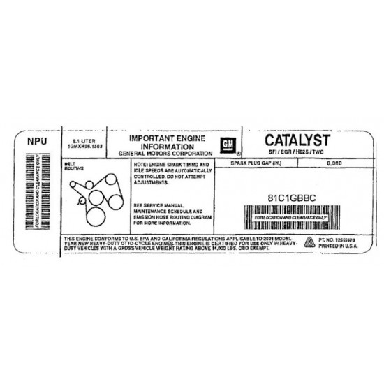 12571854  -  Label - 2001 8.1L Emissions Sticker